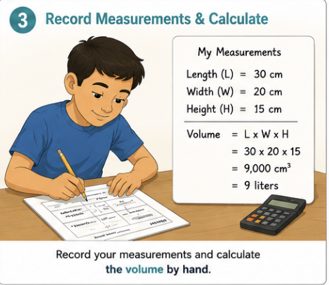 Learner recording container measurements and calculating volume by hand on a worksheet.