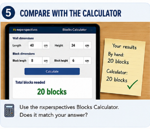 Blocks Calculator result compared with a handwritten result showing both estimates match at twenty blocks.