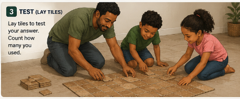 Family placing paper tiles or sample tiles on the measured rectangular surface to test the calculation.
