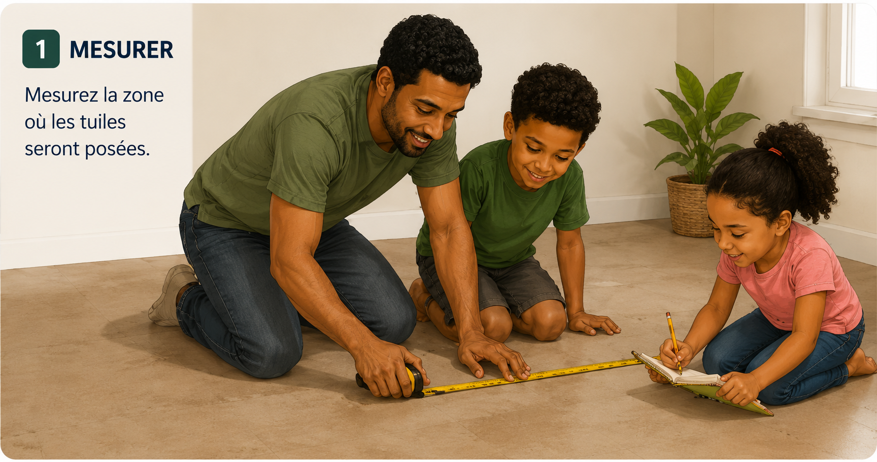 Famille qui mesure une petite surface rectangulaire et un carreau.
